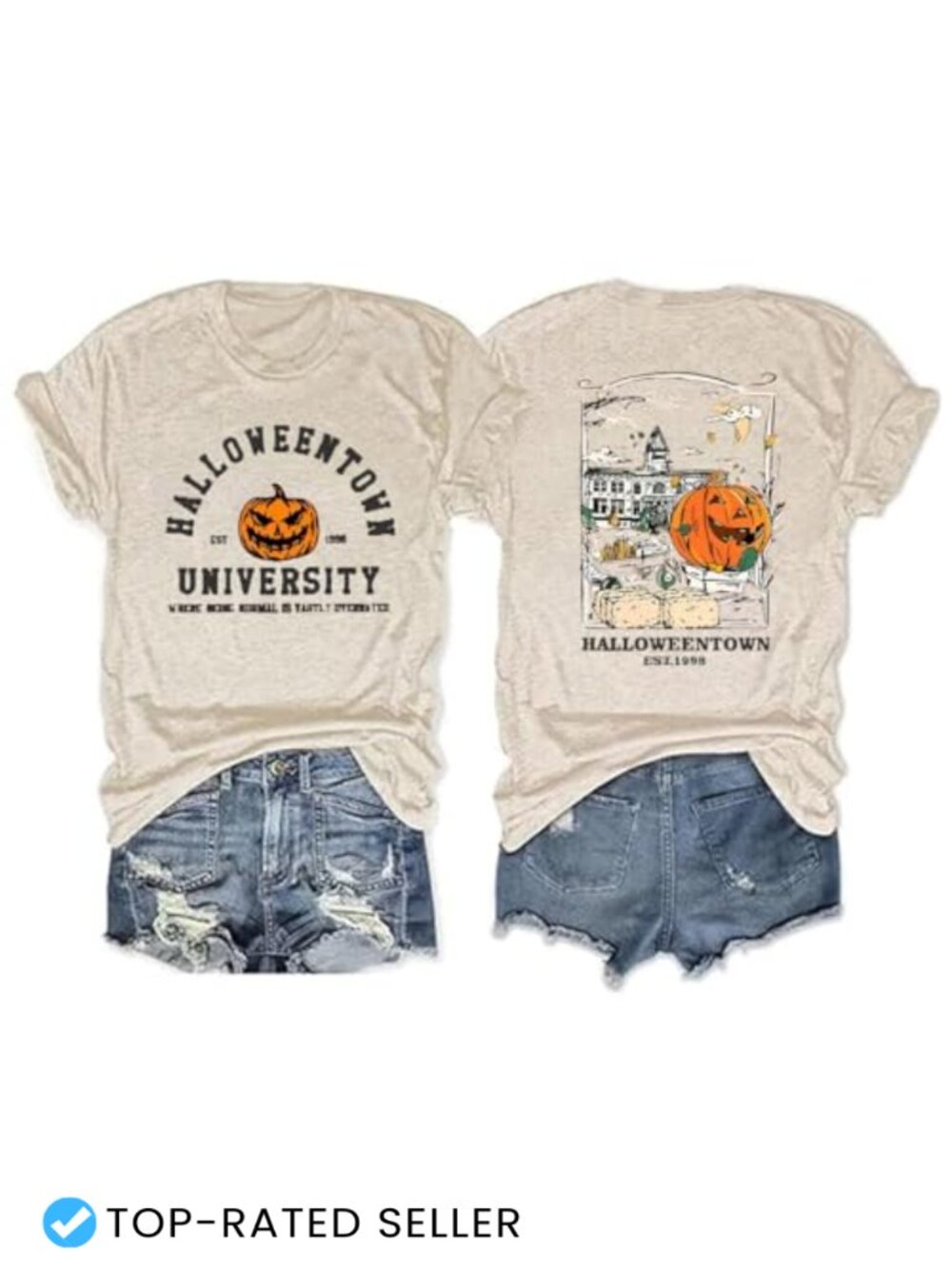 Halloween Moon Graphic Tee Women Fall Bat Pumpkin Witch Black Crew Neck